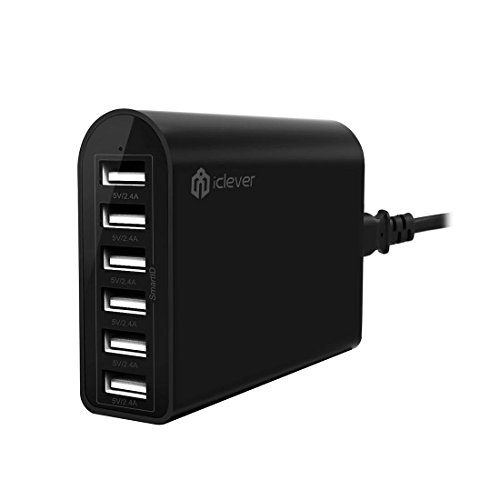 iClever 50W / 10-Amp 6-Port Fast Charging USB Wall/Travel/Desktop Charging Station AC Adapter with SmartID™ Technology for iPhone 6 plus, 6, 5S, 5C, 5,4S; iPad Air 2, Air, Mini3, Mini; Samsung Galaxy S5 S4 S3, Note 4 3 ; Nexus; HTC One, 2 M8 and more--Black