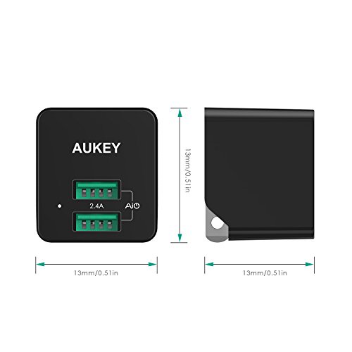 Aukey 12W / 2.4A Home Travel USB Wall Charger Adapter with AIPower Tech for Apple iPhone 6S / 6S Plus, and More (The Smallest but most Powerful 2 Ports USB Wall Charger with Foldable Plug) - Black