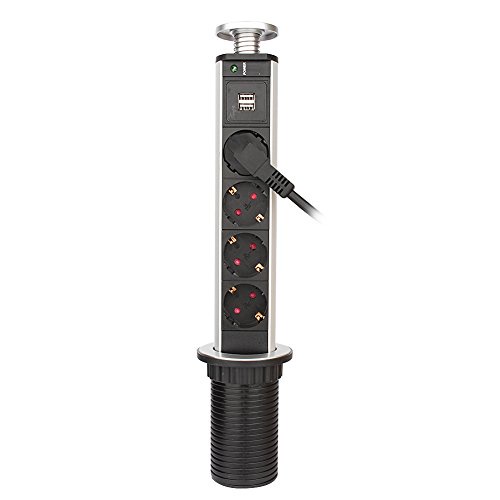 Yosoo Versenkbar Tischsteckdose 4 Fach Steckdose Steckdosenleiste mit USB Ladegerät, Anschlusskabel: ca. 155cm