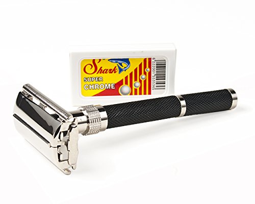 Parker 96R - Long Handle Butterfly Open Double Edge Safety Razor & 5 SHARK blades