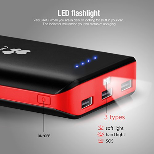 EC Technology Portable Charger 22400mAh External Battery Pack with 3 USB Outputs - Black and Red