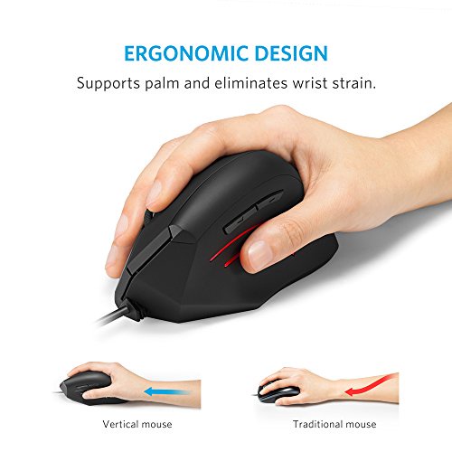 Anker Ergonomic USB Wired Vertical Mouse with Adjustable DPI Levels 1000 / 1600 and Side Controls - Black