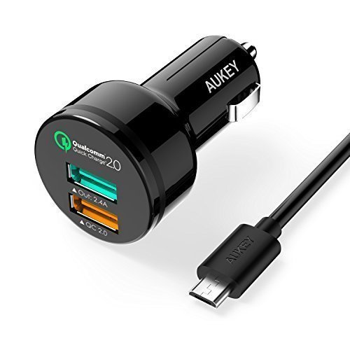[Qualcomm Certified] Aukey Quick Charge 2.0 30W 2 Ports USB Car Charger Adapter(AIPower 5V/2.4A+Quick Charge 12V/1.5A 9V/2A 5V/2A; Included an 20AWG 3.3FT Micro USB Cable) - Black