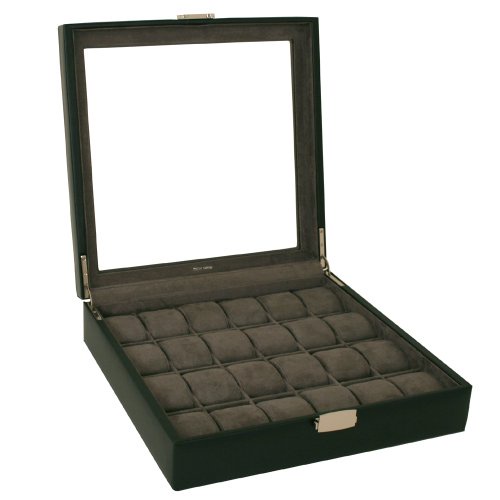 24 Watch Box XL Single Level Black Leather Large Compartments High Clearance Glass Window