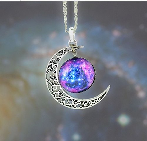 Galaxy Necklace Hollow Out Crescent with Blue Purple Star Galactic Cosmic Moon Charm Necklace Wedding Necklace