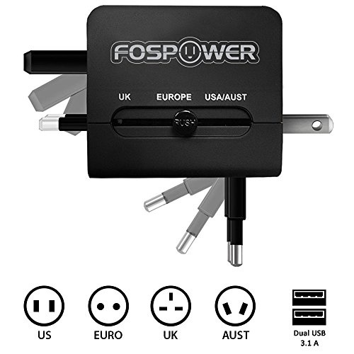 FosPower All-In-One International Power Adapter, High Speed [3.1A] Dual USB Ports Travel Plug Charger (US UK EU AU) for iPhone, iPad, Smartphones, Tablets, Laptop - Black