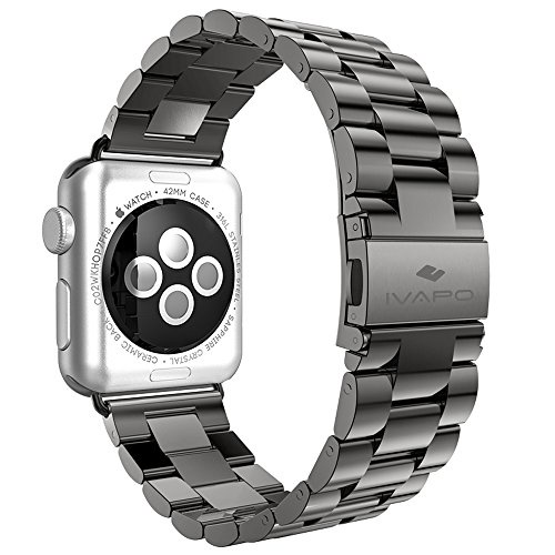 Apple Watch Band, Solid Stainless Steel Metal Apple Watch Strap Unique Polishing Process Business Replacement iWatch Strap Watchband with Durable Folding Clasp for Apple Watch (MM593) (Space Gray 42mm)