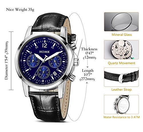 HOWK Men's Chronograph Watches Date Analog and Blue Luminous Dial Black Leather Strap