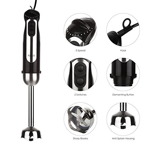 Aicok Immersion Hand Blender Mixer 5 Speed Smart Stick with Chopper & Whisk & Beaker Set, ,350W, 4-in-1