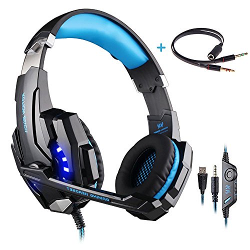 Gaming Headset, KOTION EACH G9000 PC Gaming Over-ear Headphones 3.5mm Stereo Jack with Microphone LED Light and Headset Splitter Adapter for PS4/Tablet/Laptop/Cell Phone - Black&Blue;