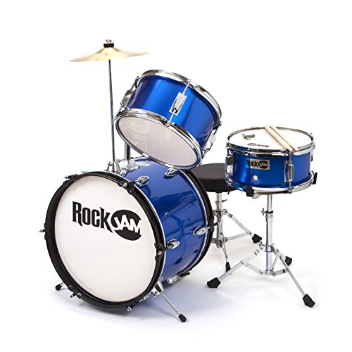 RockJam 3-Piece Junior Drum Set with Crash Cymbal, Drumsticks, Adjustable Throne and Accessories - Blue