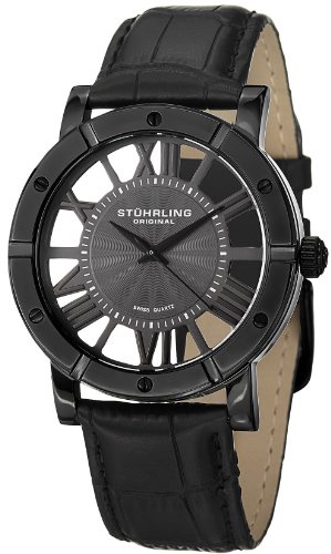 Stuhrling Original Winchester Mens Black Watch - Swiss Quartz Analog Date Wrist Watch for Men - Black IP Stainless Steel Mens Designer Watch with Black Genuine Leather Strap 881.03