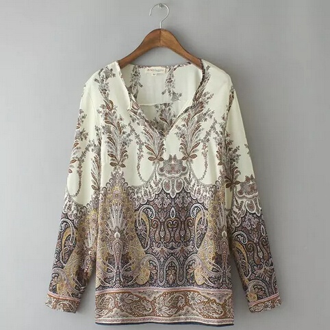 Women V neck paisley pattern blouse vintage full sleeve side split shirts Camisa Social Feminina casual office wear tops  LT437