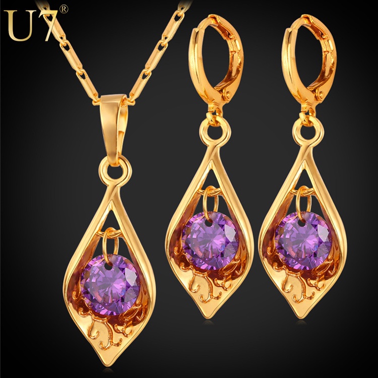 Luxury AAA Zirconia Jewelry Sets 18K Gold Plated/Platinum Purple Crystal Earrings For Women Party/Wedding Gift Necklace Set S641