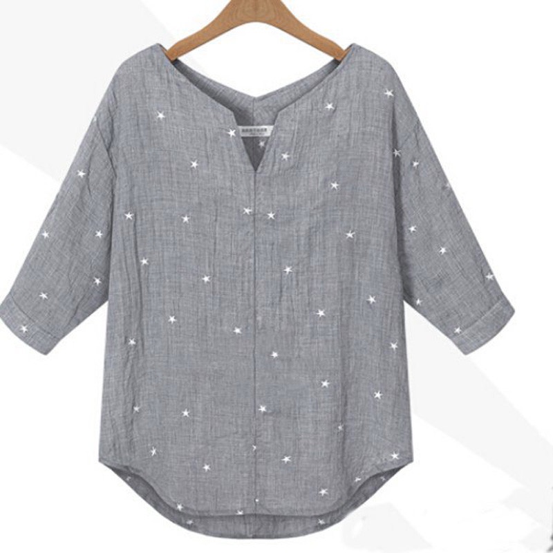New Summer Autumn Blusas 2016 Women V-Neck 3/4 Sleeve Tops Casual Loose Star Printed Blouse Shirts Plus Size Shirts