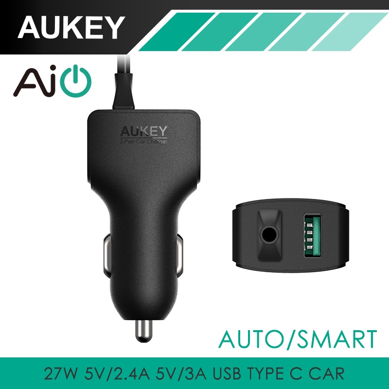 AUKEY 27W 5.4A Type C 2 Port Smart Turbo USB Car Charger For HTC Sony Xiaomi  3 4 5