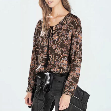 LT110 New Fashion Ladies' elegant floral print loose blouses vintage drawstring V neck long sleeve OL shirts casual brand tops