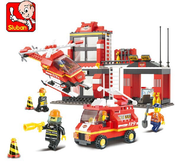 Sluban Building Blocks Compatible with Lego City Fire Station Truck Helicopter Firefighter Minifigure learning & Education toys