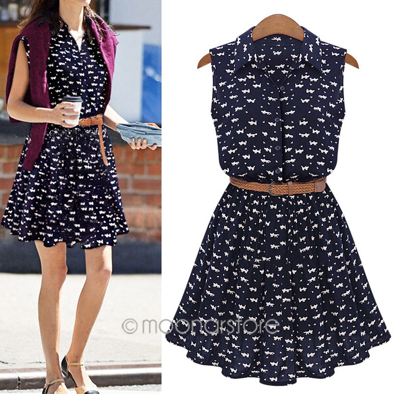 Promotion 2015 EUROPE Style Women\'s CAT Footprint Sleeveless Thin Mini Dress Free Shipping FE3253#M1