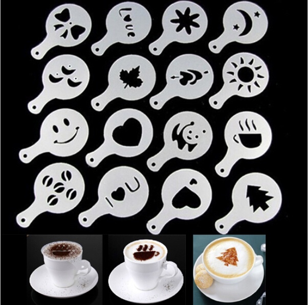Cappuccino Latte Stencil 16Pcs/set Barista Stencils Template Strew Pad Duster Spray Coffee printing model Tools  Accessories