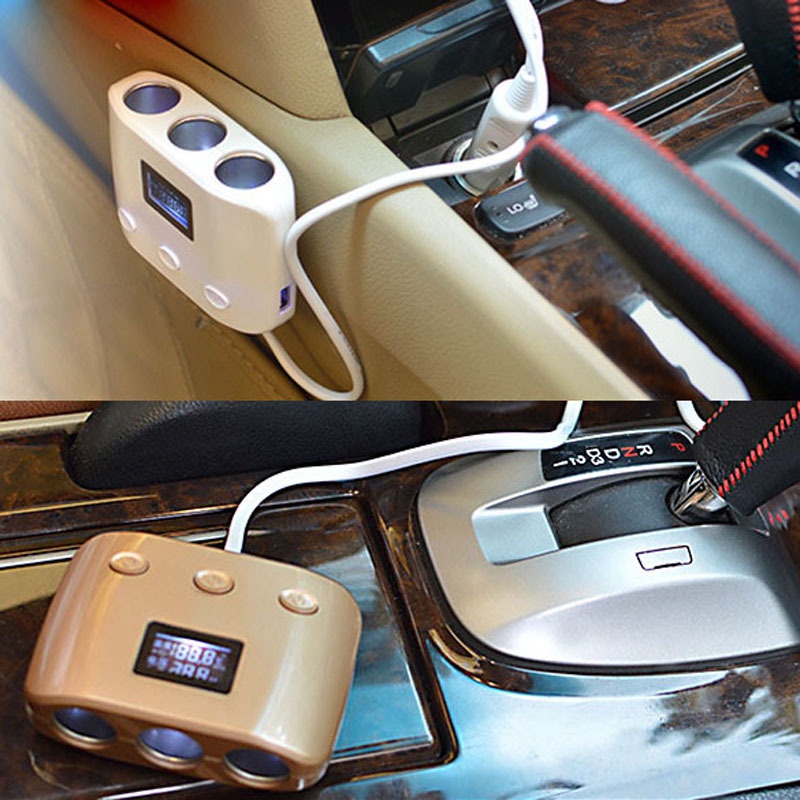 New 3 In 1 120W Automobile Car Cigarette Lighter Splitter Socket with Voltage Temperature Display Car Charger Adapter BHU2
