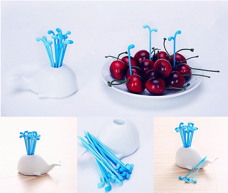 HOT sell Tableware Dinnerware Sets+white whale Design Plastic Fruit Forks 1 Stand+16 Forks Hot Sale free shipping
