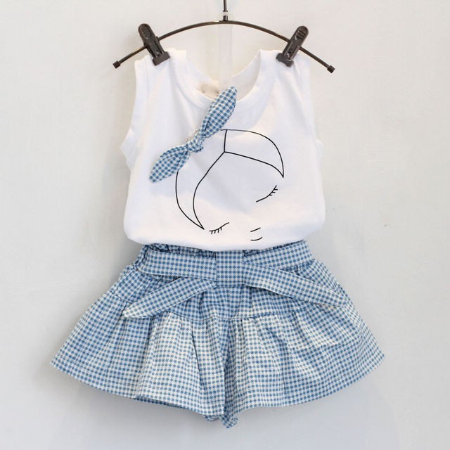 New 2PCS/1-7Years/Summer Style Baby Girls Clothing Sets Cute Cartoon 100% Cotton Sleeveless T-shirt+Shorts Band Kids Clothes