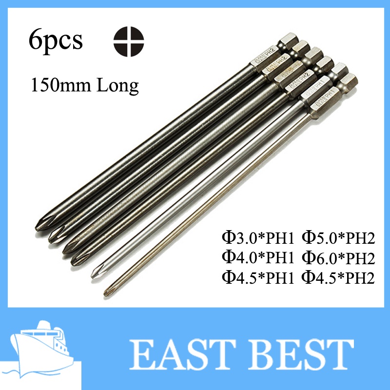 6 pieces Shank 1/4 inch S2 alloy steel 150mm Long Magnetic  Hex Cross Head Screwdriver Bits Set PH1 PH2 Screwdriver Head
