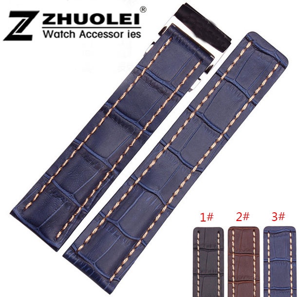 Watch band 22mm 24mm New Mens Blue Brown Black Crocodile Pattern Genuine Leather Watch Strap Bracelets Deployment Watch Buckle