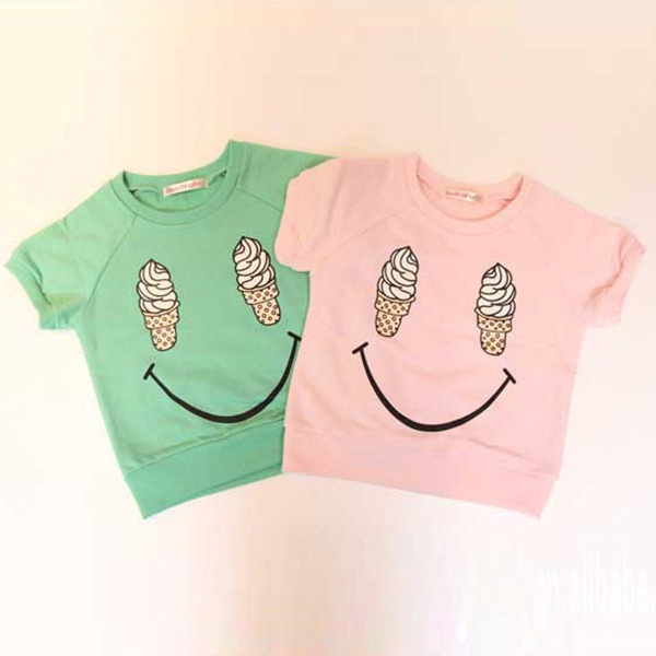 Kids Girls Short Sleeve T-shirts Ice Cream Smile Casual Tops Cotton Costume 1-5Y