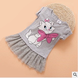 10M to 2T baby toddler girls patchwork cartoon cat print lace dress infant girl fashion new 2016 summer cotton casual dresses