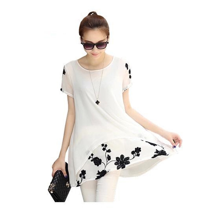 2015 Summer Style Tunics Women White Blusas Korean Shirt Chiffon Flower Embroidery Blouse Short Sleeve Chemise Femme BL1602