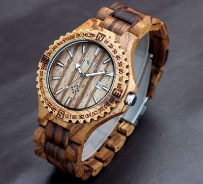 Zebra Wood Wristwatch Wooden Watch Date Bracelet Bangle Quartz Collection 96049