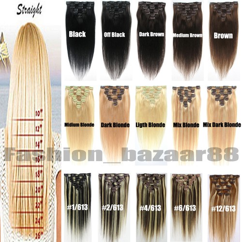 Full Head Women Clip in 100% Real Soft Human Hair Extensions 15-22inch Straight