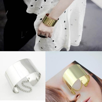 Punk Woman Metal Oversized Statement Curved Mirrored Cuff Bangles Bracelets Free