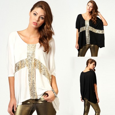 2014 New Plus Size Loose Batwing Short Sleeve Blouse Women's Sequin T-Shirt Tops