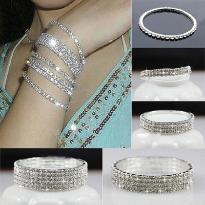 1-5Row Crystal Rhinestone Wedding Bridal Elastic Bangle Bracelet Bling Wristband