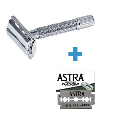Classic Traditional Double Edge Chrome Shaving Safety Razor + 5 Astra Blades