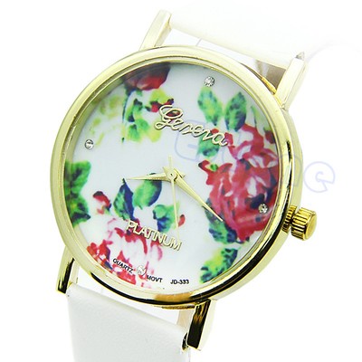 HOT! Fashion Leather Geneva Rose Flower Watch For Women Dress Quartz Watches