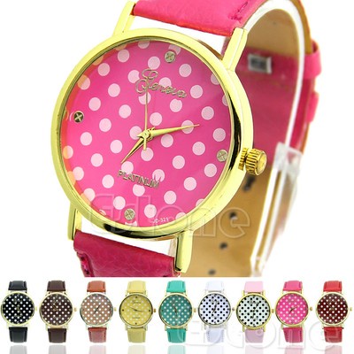 Women Girl Lady Classic Geneva Dot Print Leatheroid Analog Quartz Wrist Watches