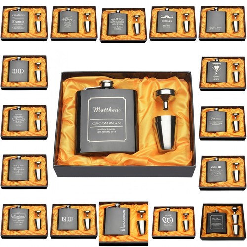 Personalized Laser Engraved 6oz Black Hip Flask Set Funnel Gift Wedding Favors