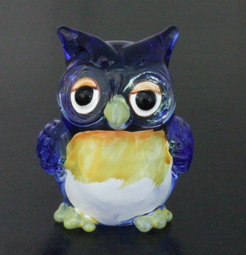 Figurine Miniature Animal Hand Blown Glass Blue Owl Bird