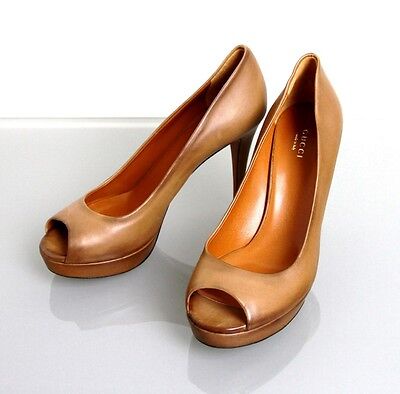 $595 New Authentic GUCCI Betty Open-Toe Platform Pump SHOES Light Brown  297203