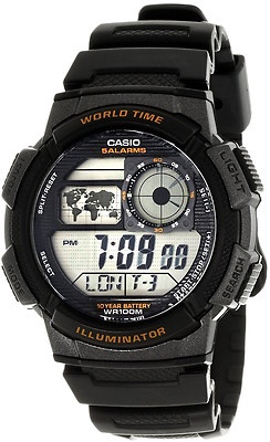 Casio Black World Time Map 5 Alarms 10 Year Battery Watch AE-1000W-1AV New