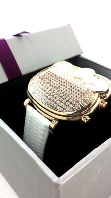Sanrio Hello Kitty rose golden LED time & date crystal 100% leather Watch w/BOX