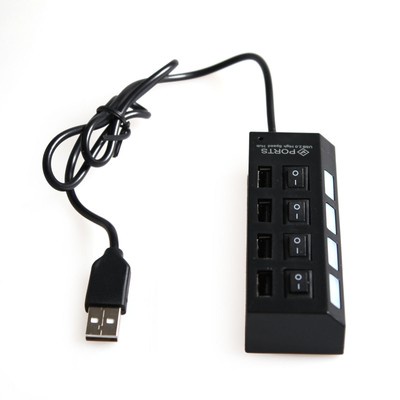 4 Port USB Black 2.0 Hub Hi-Speed 480Mbps Power On/Off Button Switch Led 81806