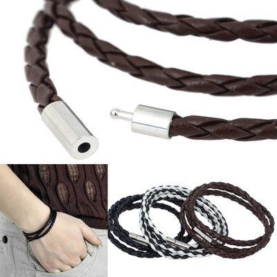 New Fashion Womens Mens Black Leather Interlaced Cuff Bangle Wristband Bracelet