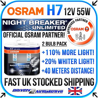 2 x H7 OSRAM NIGHT BREAKER UNLIMITED TWIN HARDCASE PACK HEADLIGHT BULBS 64210NBU