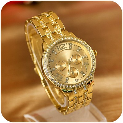 Unisex Gold Alloy Quartz Rhinestone Luxury Quartz Women's Men Wrist Watch