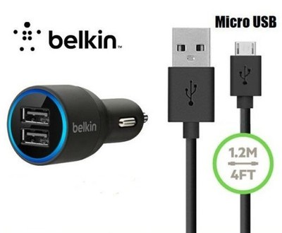 Belkin 2-port USB Car Charger & Lightning Cable Micro USB For Samsung HTC Nokia